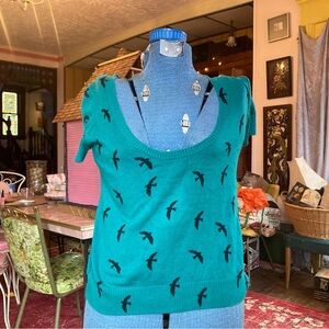 Teal Bird Pattern Sweater